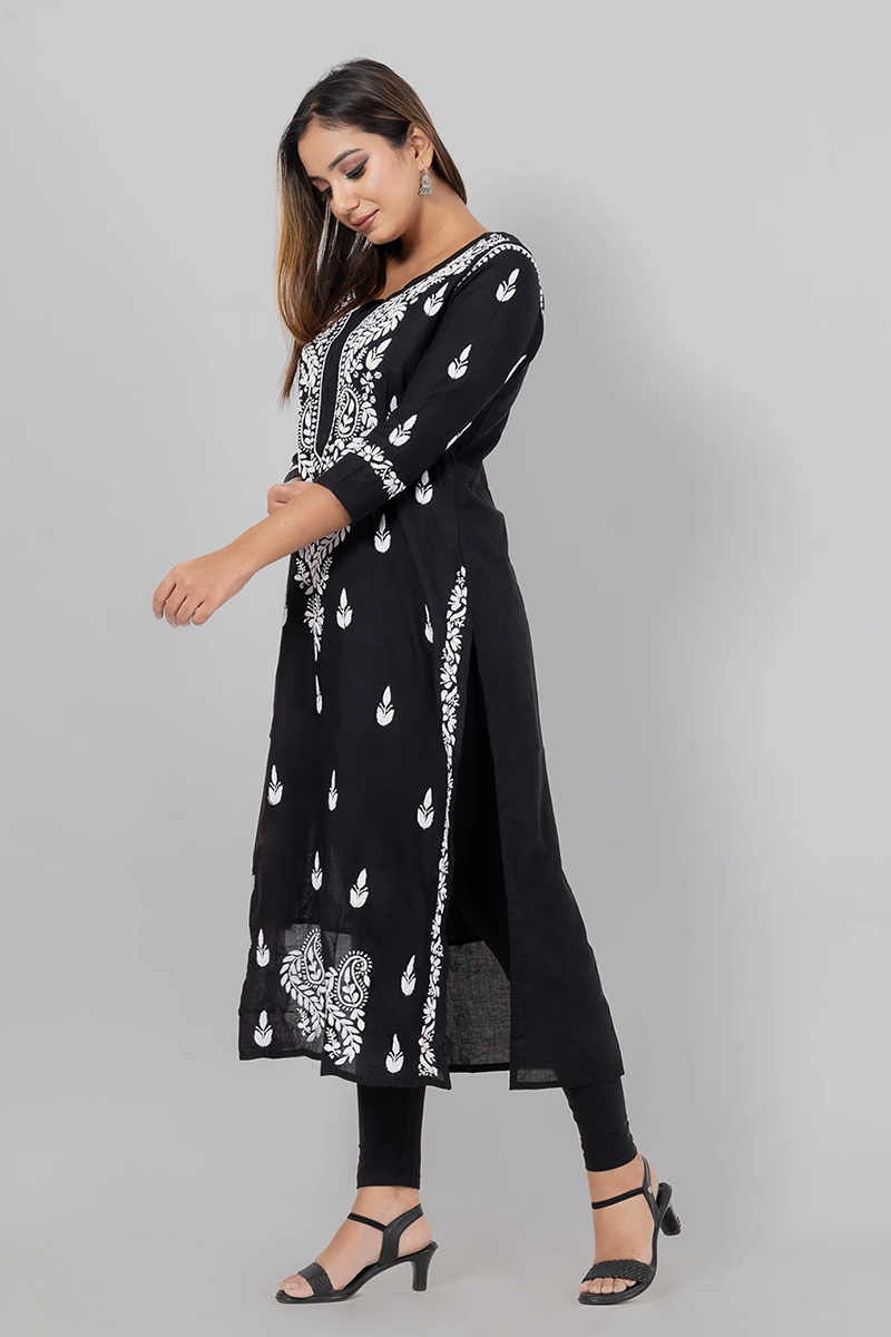 Hand Embroidered Lucknowi Chikankari Black Cotton Kurti