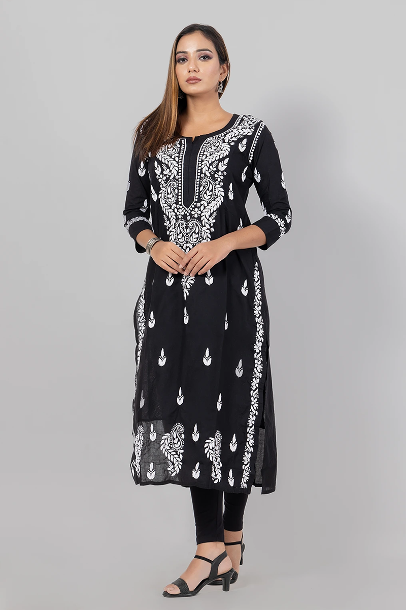 Hand Embroidered Lucknowi Chikankari Black Cotton Kurti