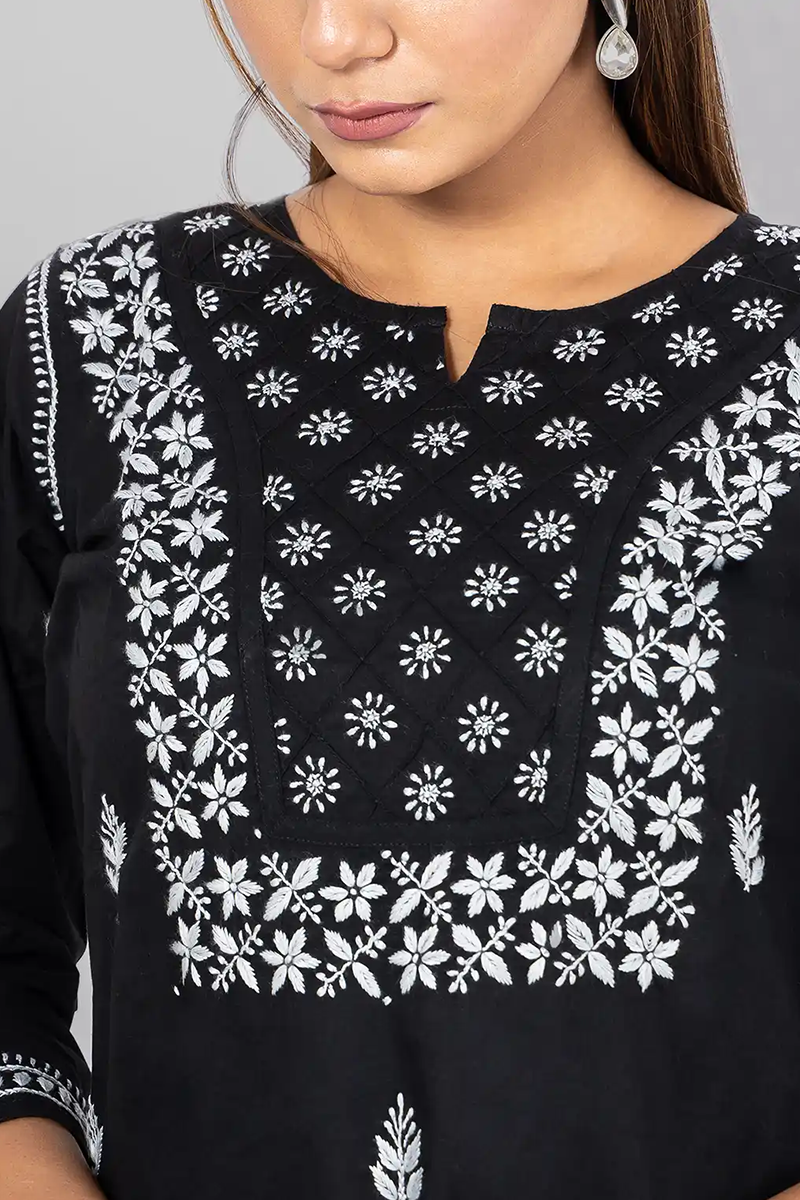 Hand Embroidered Lucknowi Chikankari Black Short Top