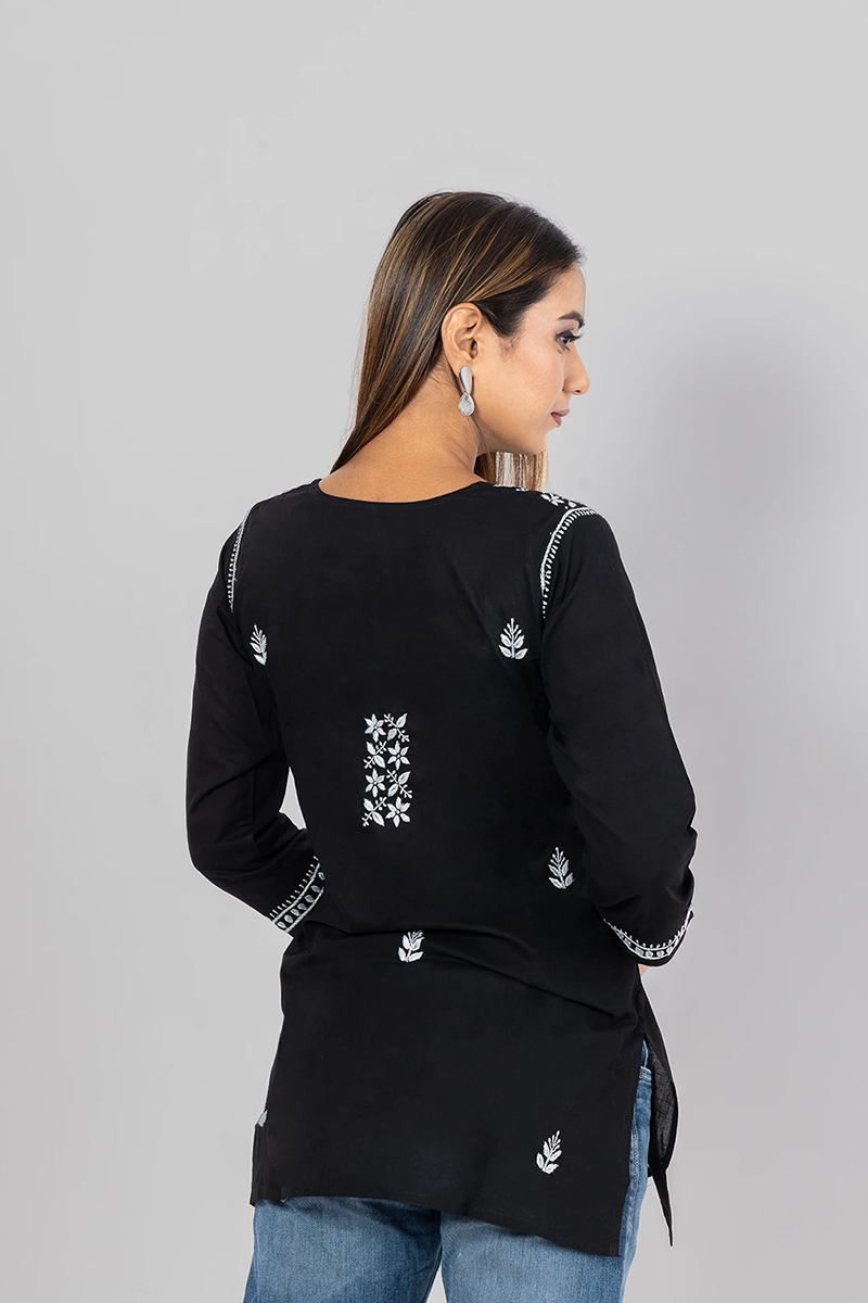 Hand Embroidered Lucknowi Chikankari Black Short Top