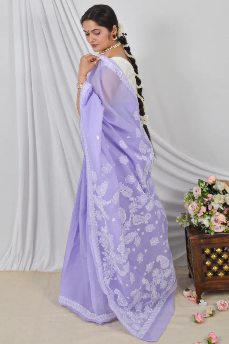 Handcrafted Lavender Cotton Saree with intricate Lucknowi Chikankari Embroidery and a Matching Blouse, ideal for Festive and  Occasions.