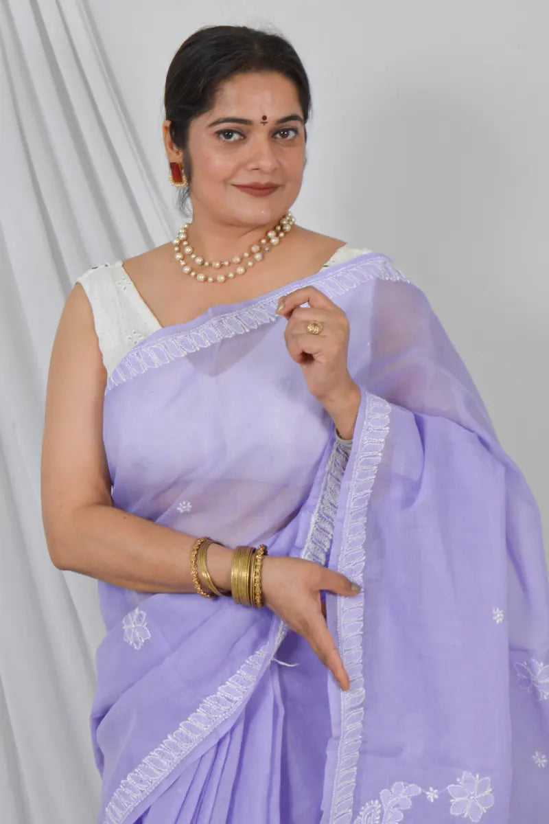 Handcrafted Lavender Cotton Saree with intricate Lucknowi Chikankari Embroidery and a Matching Blouse, ideal for Festive and  Occasions.