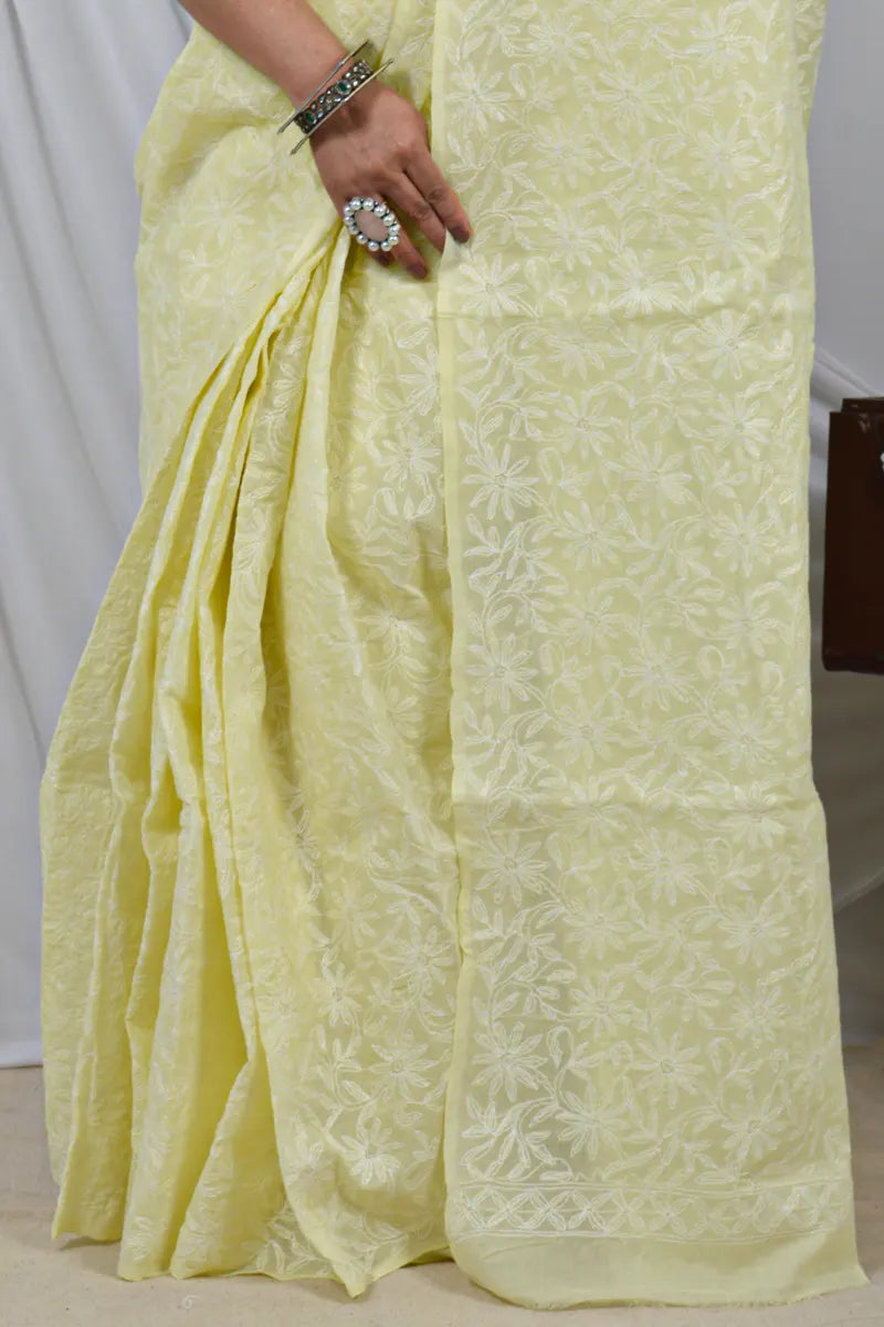Handcrafted Lemon Cotton saree with intricate Lucknowi Chikankari embroidery and a matching blouse, ideal for festive and wedding 