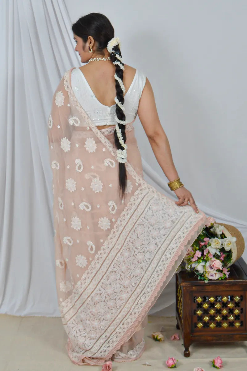 Handcrafted Light Beige Georgette Saree with intricate Lucknowi Chikankari Embroidery and a matching Blouse, ideal for Festive and  occasions.