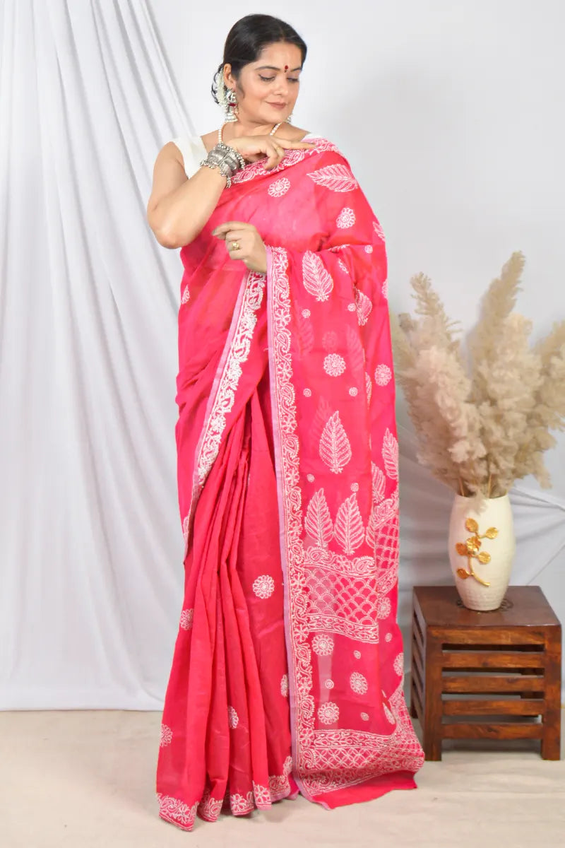 Fabnuma Handcrafted Magenta Pink Chanderi Lucknowi Chikankari Saree with Blouse Lucknowi Chikankari