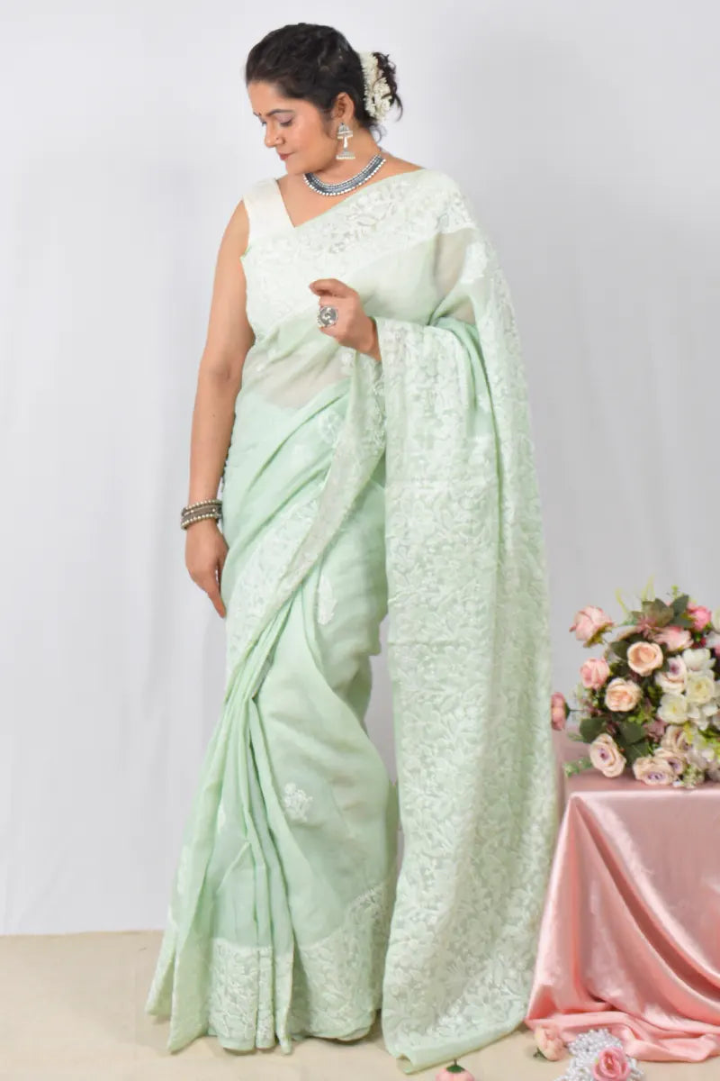 Green Cotton saree with Lucknowi Chikankari embroidery and unstitched blouse – handcrafted festive wear by Fabnuma

 