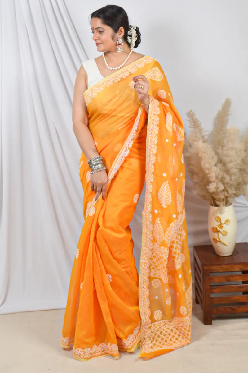 Fabnuma Handcrafted Orange Chanderi Lucknowi Chikankari Saree with Blouse Lucknowi Chikankari
