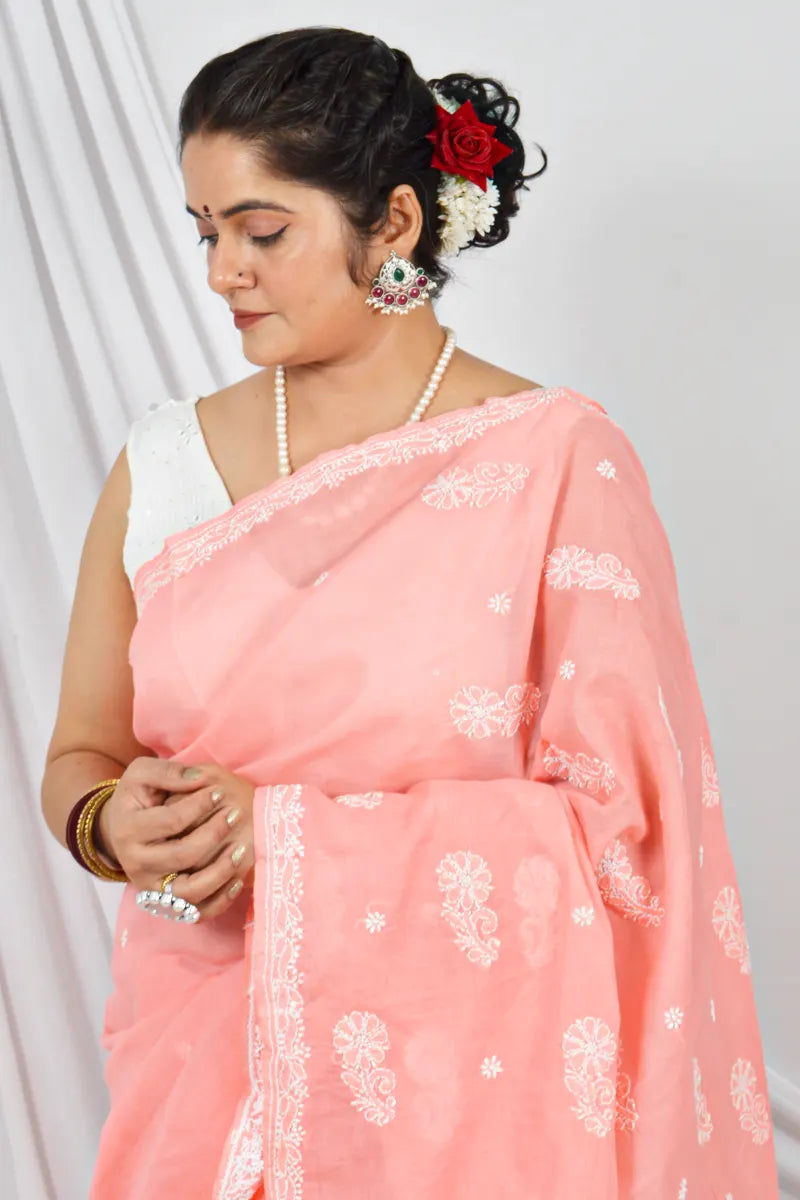 Handcrafted Orange Cotton Saree with intricate Lucknowi Chikankari Embroidery and a matching Blouse, ideal for Festive and  occasions.