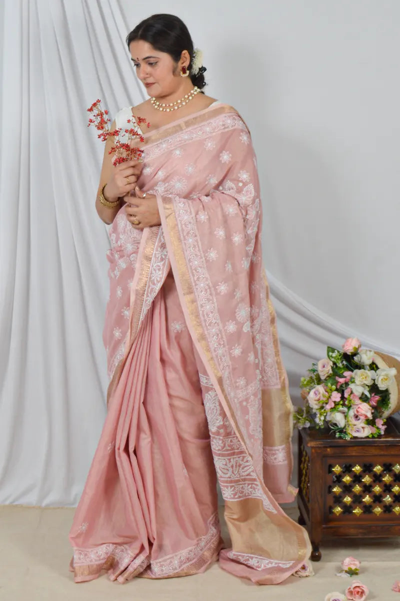 Handcrafted chanderi Saree with intricate Lucknowi Chikankari embroidery and a matching Blouse, ideal for Festive and Wedding occasions.