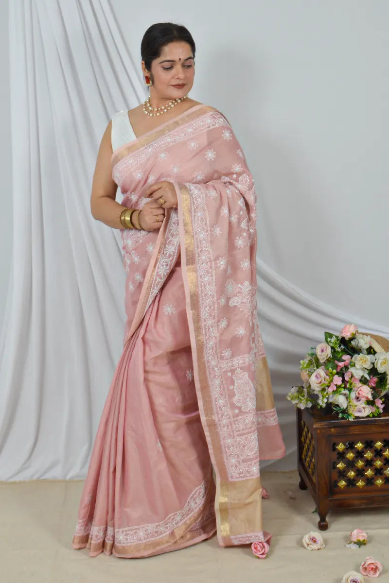 Handcrafted chanderi Saree with intricate Lucknowi Chikankari embroidery and a matching Blouse, ideal for Festive and Wedding occasions.