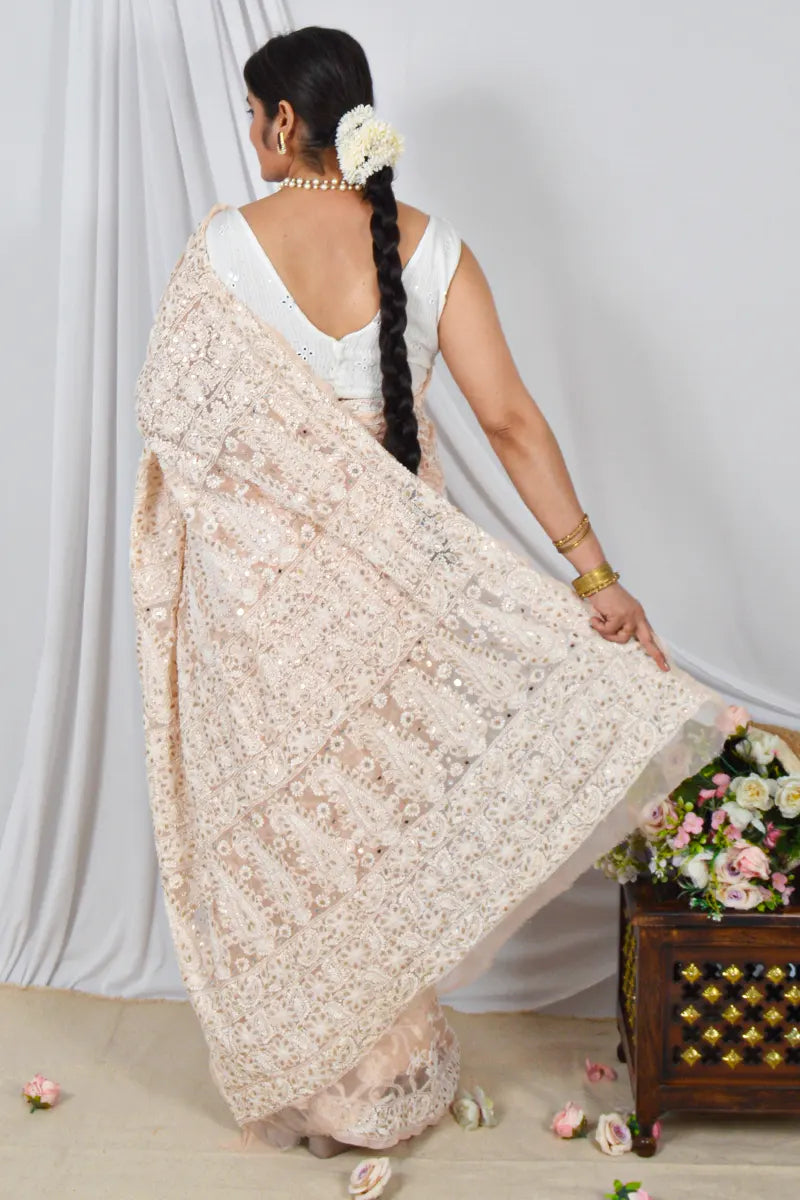 Handcrafted Georgette Saree with GotaPatti intricate Lucknowi Chikankari Embroidery and a matching Blouse, ideal for Festive and  occasions.