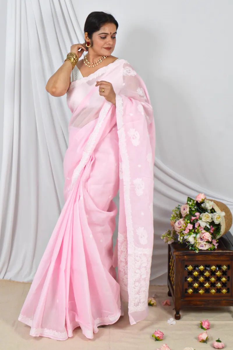 Handcrafted Pink Cotton Border Palla Saree with intricate Lucknowi Chikankari embroidery and a matching Blouse, ideal for Festive and  occasions.