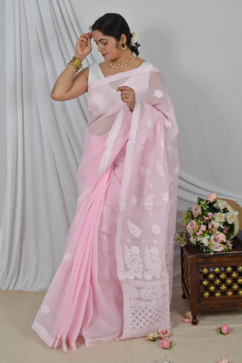 Handcrafted Pink Cotton Border Palla Saree with intricate Lucknowi Chikankari embroidery and a matching Blouse, ideal for Festive and  occasions.