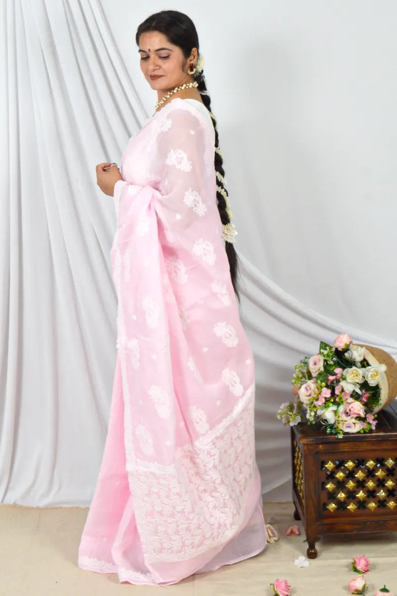 Handcrafted Pink Cotton Border Palla Saree with intricate Lucknowi Chikankari embroidery and a matching Blouse, ideal for Festive and  occasions.