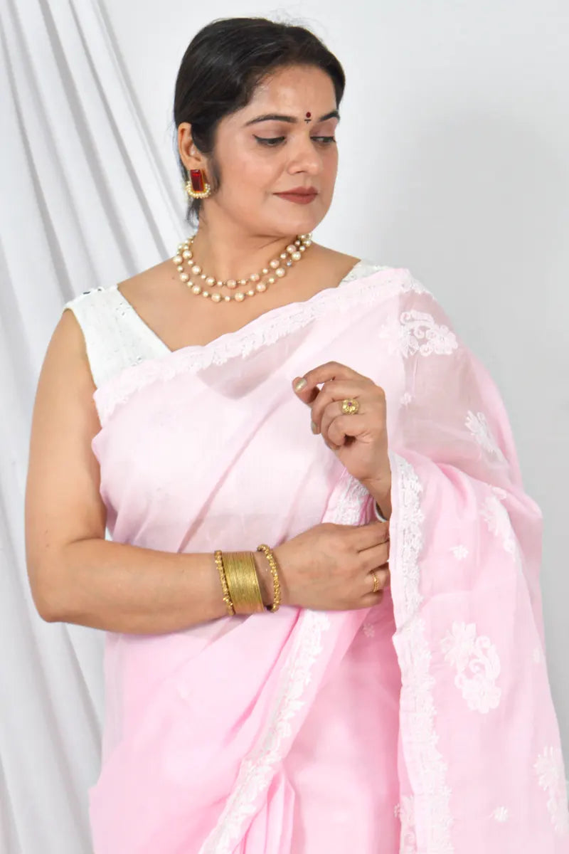 Handcrafted Pink Cotton Border Palla Saree with intricate Lucknowi Chikankari embroidery and a matching Blouse, ideal for Festive and  occasions.
