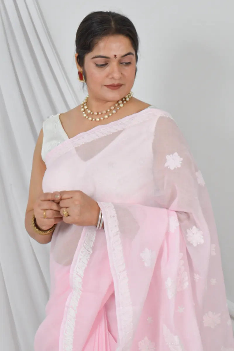 Handcrafted Pink Cotton Border Palla Saree with intricate Lucknowi Chikankari embroidery and a matching Blouse, ideal for Festive and  occasions.