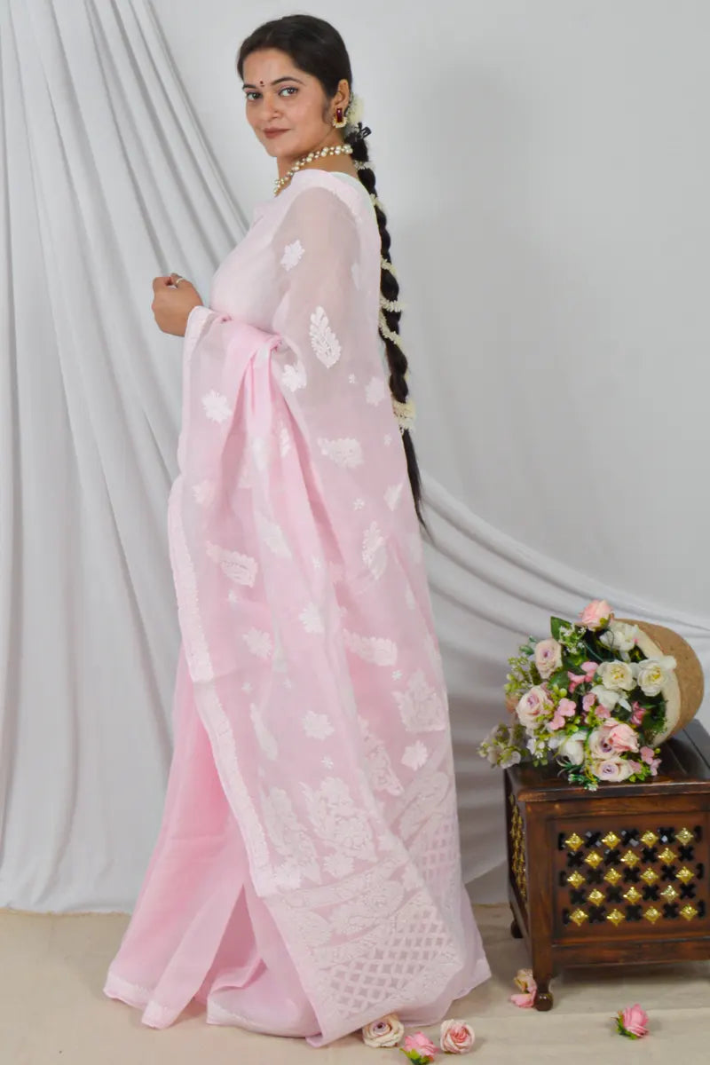 Handcrafted Pink Cotton Border Palla Saree with intricate Lucknowi Chikankari embroidery and a matching Blouse, ideal for Festive and  occasions.