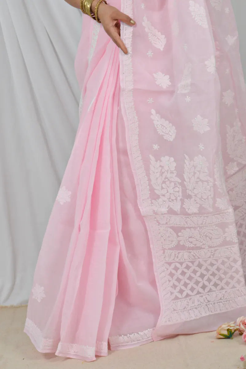 Handcrafted Pink Cotton Border Palla Saree with intricate Lucknowi Chikankari embroidery and a matching Blouse, ideal for Festive and  occasions.