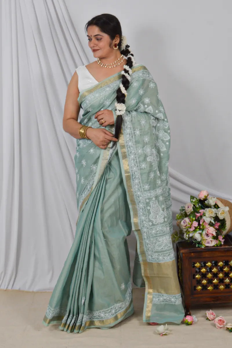 Handcrafted Pista Green chanderi Saree with intricate Lucknowi Chikankari embroidery and a matching Blouse, ideal for Festive and Wedding occasions.