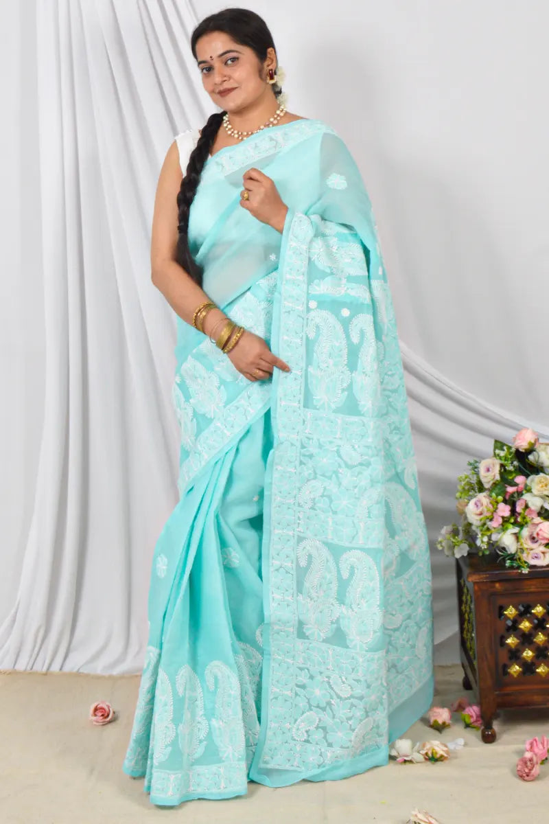Handcrafted Sea Green Cotton Border Palla Saree with intricate Lucknowi Chikankari embroidery and a matching Blouse, ideal for Festive and  occasions.