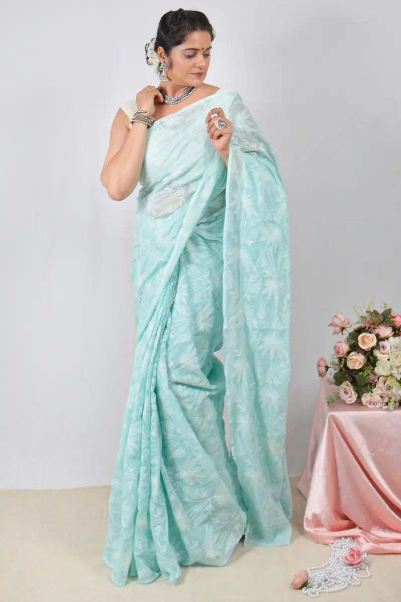 Sea Green Kota Cotton saree with handcrafted Lucknowi Chikankari embroidery and blouse – ethnic wear 