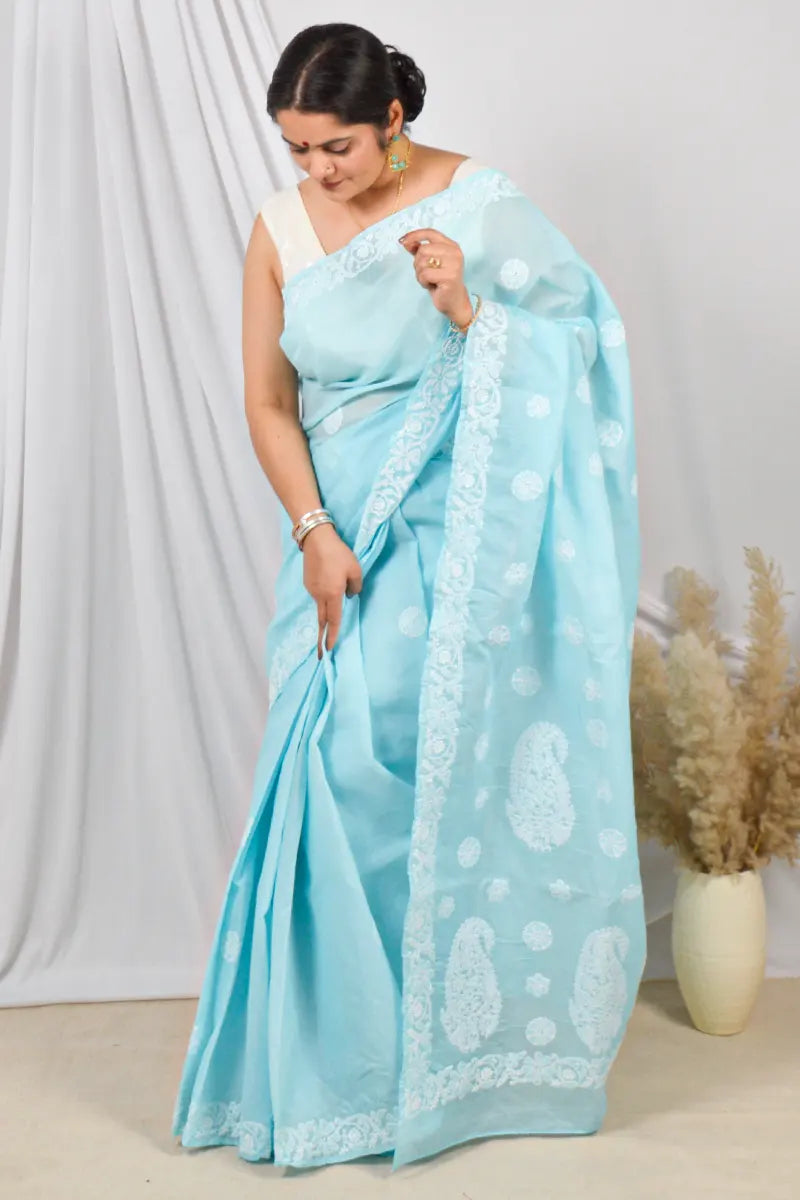 Fabnuma Handcrafted Cotton Lucknowi Chikankari Designer Saree with Blouse