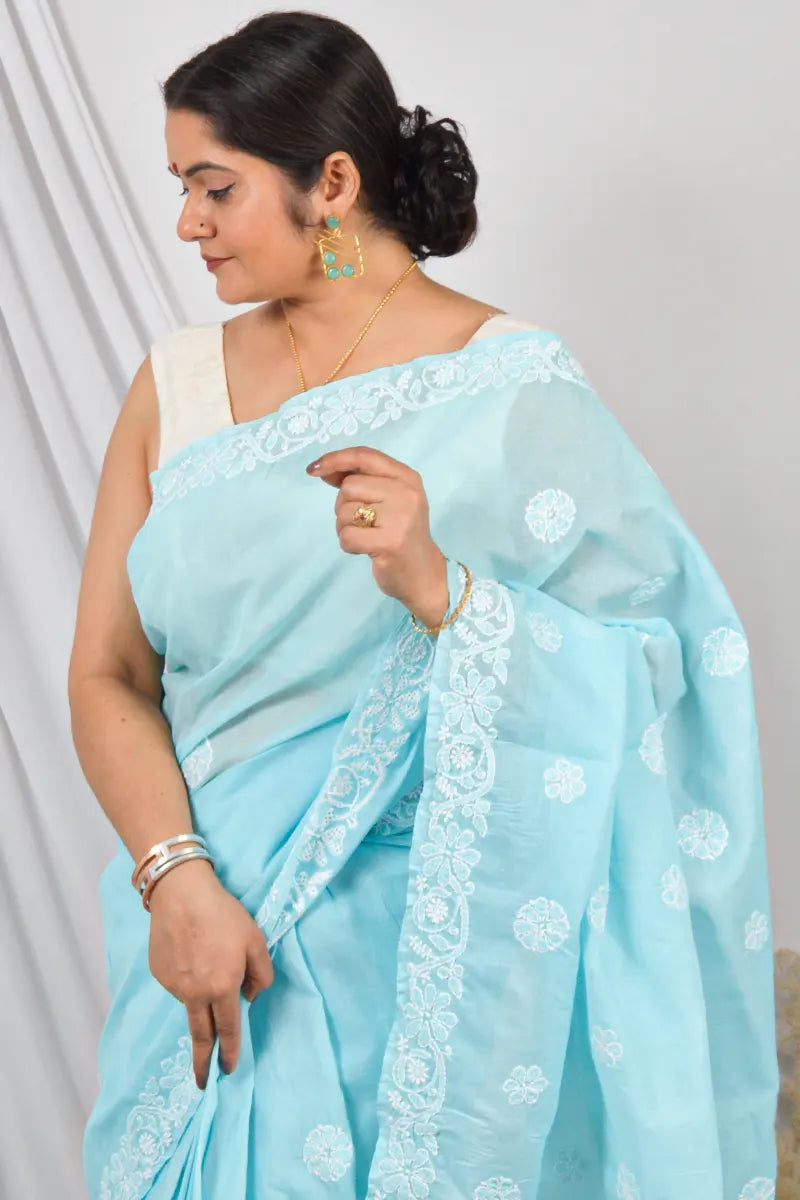 Fabnuma Handcrafted Cotton Lucknowi Chikankari Designer Saree with Blouse