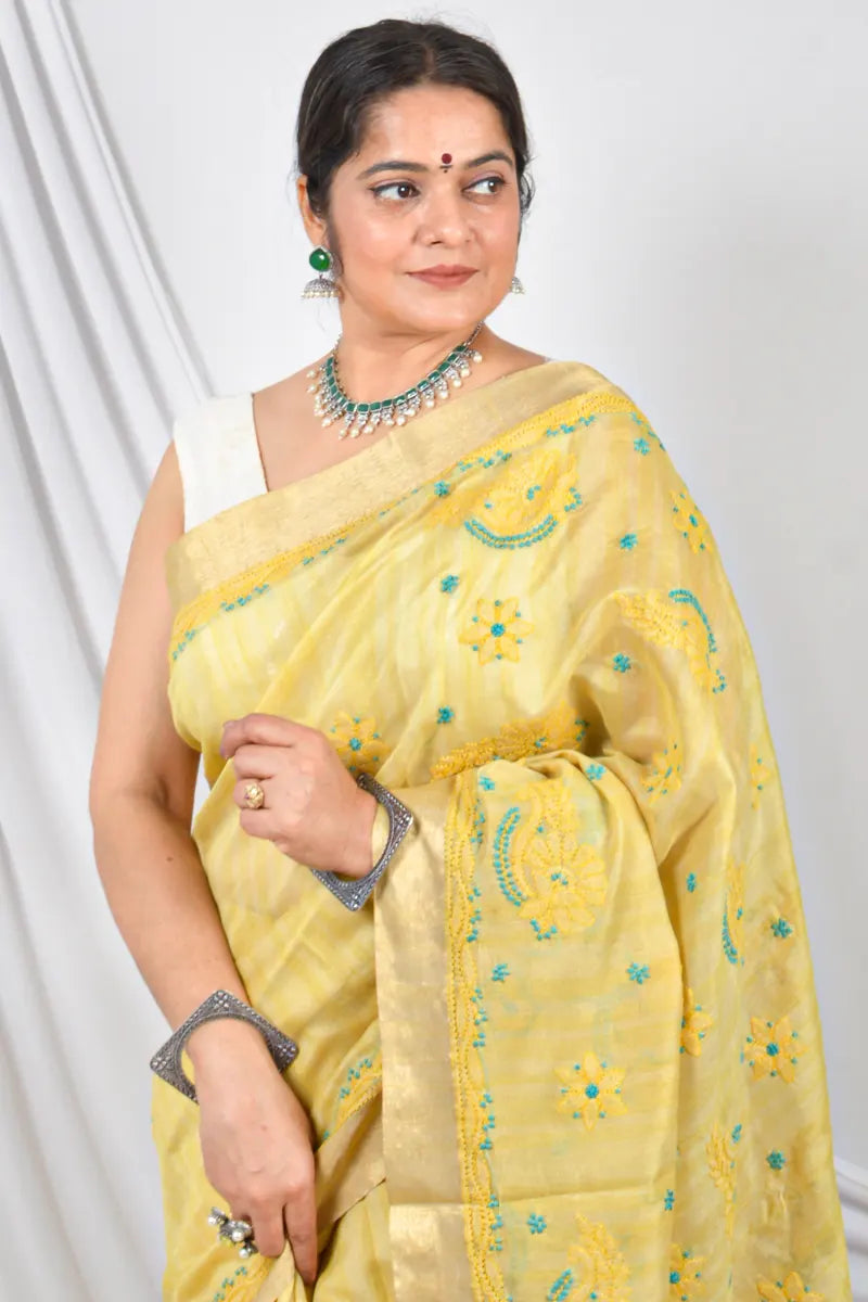Fabnuma Handcrafted Yellow Chanderi Lucknowi Chikankari Saree with Blouse