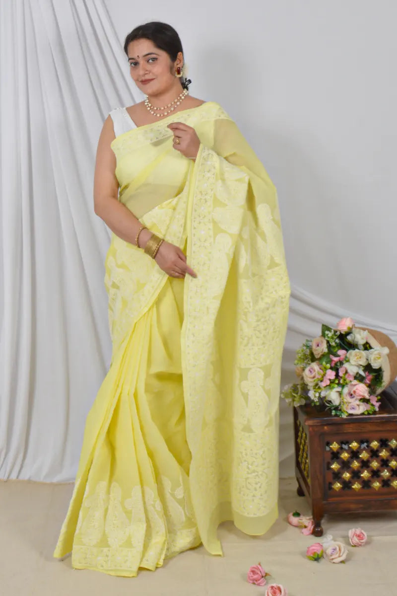 Fabnuma Handcrafted Yellow Cotton Saree with Blouse Lucknowi Chikankari