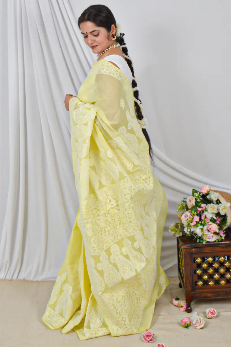 Fabnuma Handcrafted Yellow Cotton Saree with Blouse Lucknowi Chikankari