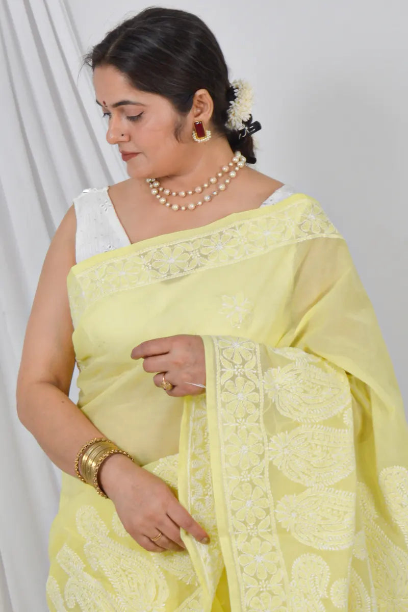 Fabnuma Handcrafted Yellow Cotton Saree with Blouse Lucknowi Chikankari