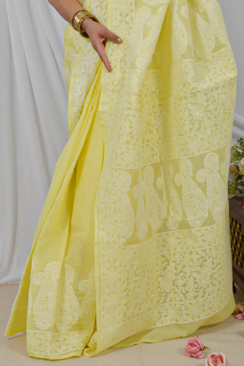 Fabnuma Handcrafted Yellow Cotton Saree with Blouse Lucknowi Chikankari