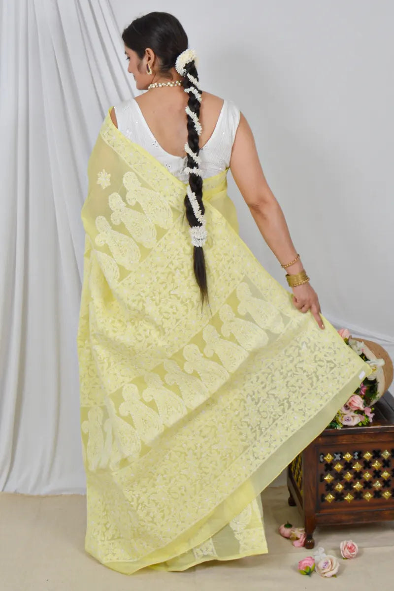 Fabnuma Handcrafted Yellow Cotton Saree with Blouse Lucknowi Chikankari