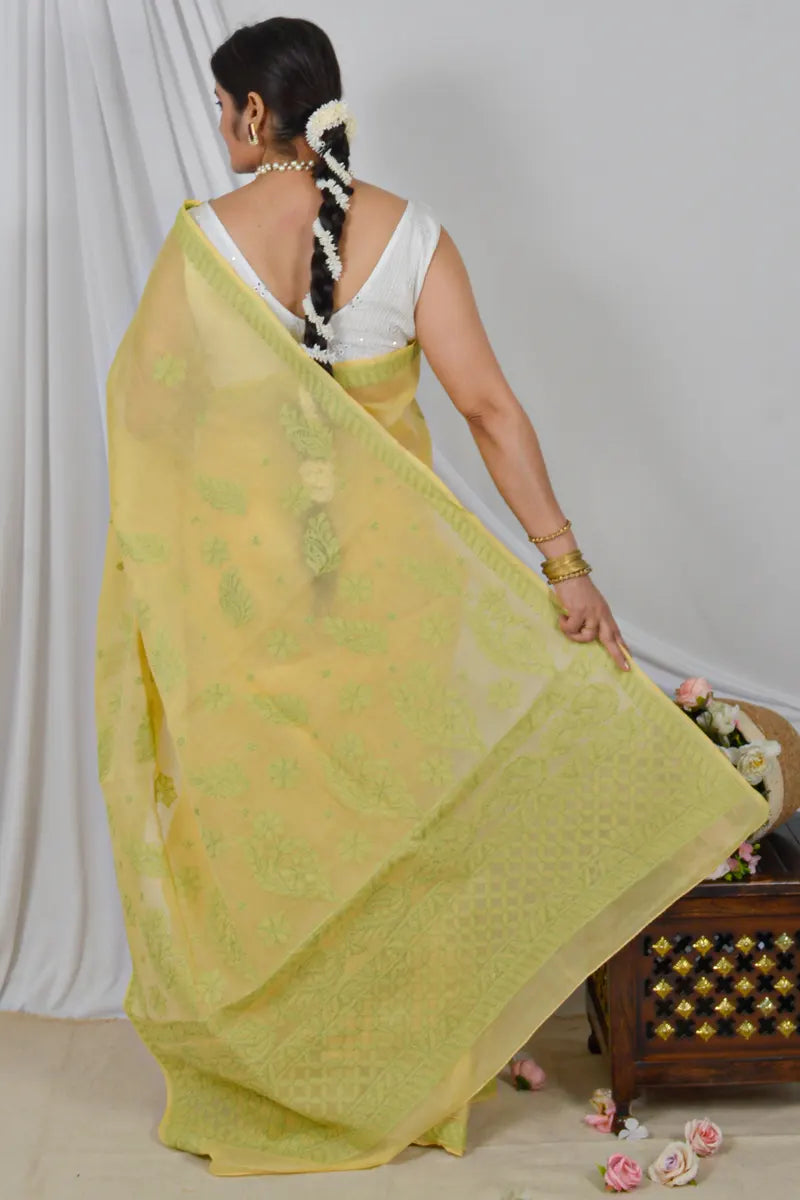 Handcrafted Yellow Cotton Saree with intricate Lucknowi Chikankari embroidery and a matching Blouse, ideal for Festive and  occasions.