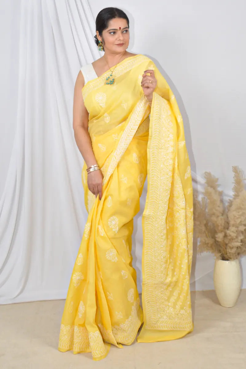 Yellow Color Cotton Lucknowi Chikankari Designer Saree Embroidery and Blouse – Perfect for Weddings & Festive Wear.
