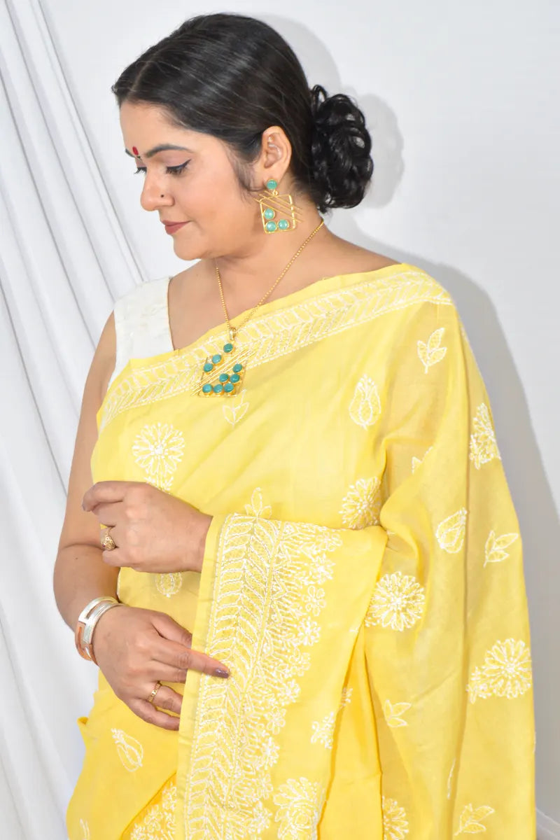 Yellow Color Cotton Lucknowi Chikankari Designer Saree Embroidery and Blouse – Perfect for Weddings & Festive Wear.