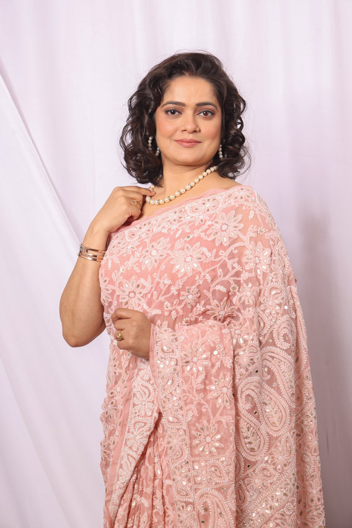 Peach Colour Georgette Lucknowi Chikankari Saree With Blouse