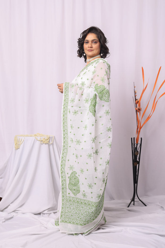 Fabnuma Handcrafted White Kota Cotton Chikankari Saree-Blouse