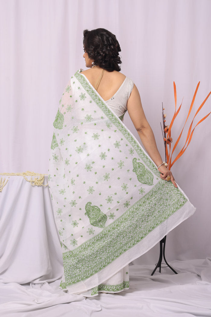 Fabnuma Handcrafted White Kota Cotton Chikankari Saree-Blouse