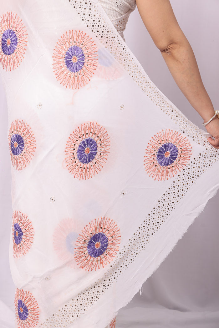 White Colour Viscose Lucknowi Chikankari Saree With Blouse