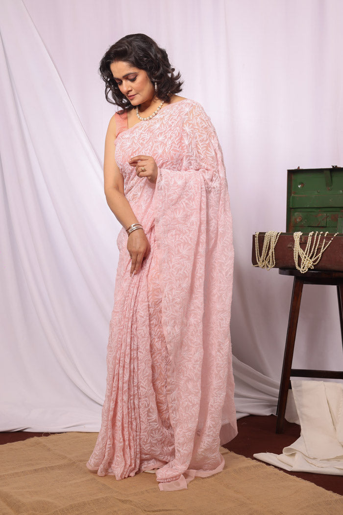 Fabnuma Handcrafted Peach Georgette Tepchi Chikankari Saree-Blouse