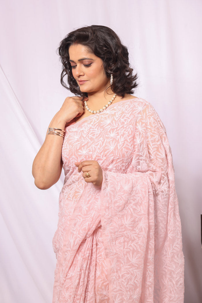 Fabnuma Handcrafted Peach Georgette Tepchi Chikankari Saree-Blouse