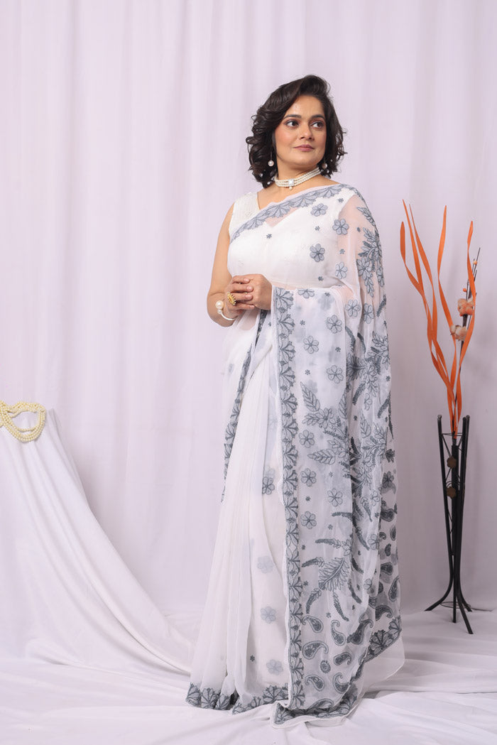 Fabnuma Handcrafted White Georgette Chikankari Saree-Blouse