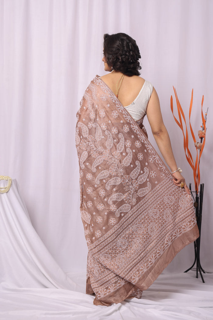 Brown Colour Tussar Silk  Lucknowi Chikankari Saree With Blouse