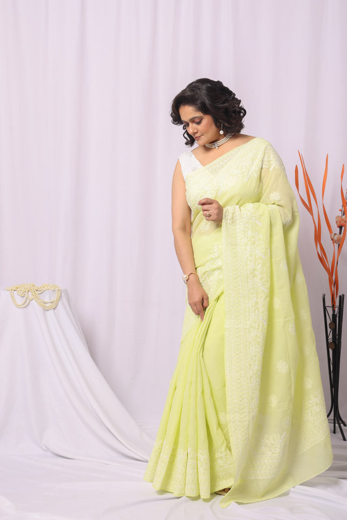 Fabnuma Handcrafted Lemon Cotton Chikankari Saree-Blouse