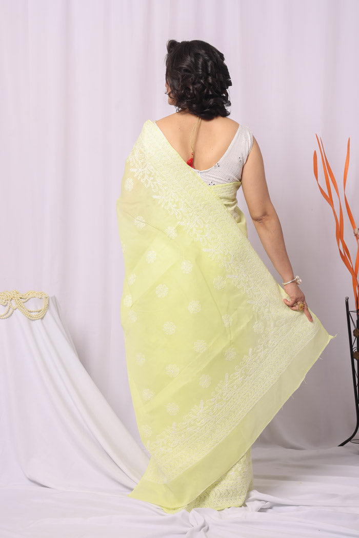 Fabnuma Handcrafted Lemon Cotton Chikankari Saree-Blouse