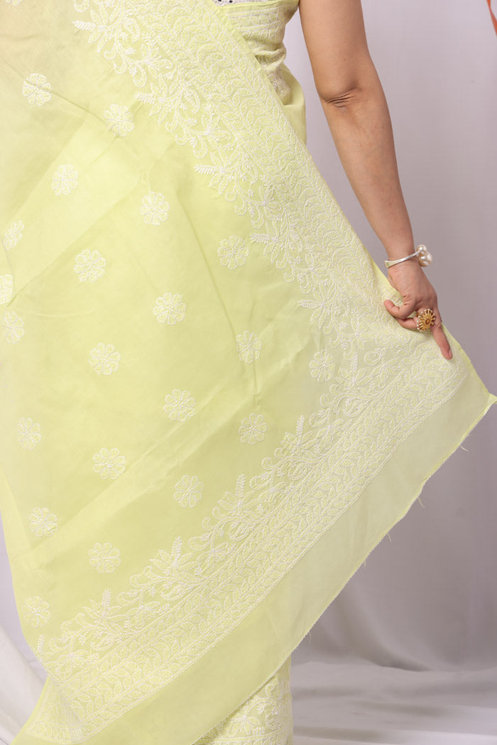 Fabnuma Handcrafted Lemon Cotton Chikankari Saree-Blouse