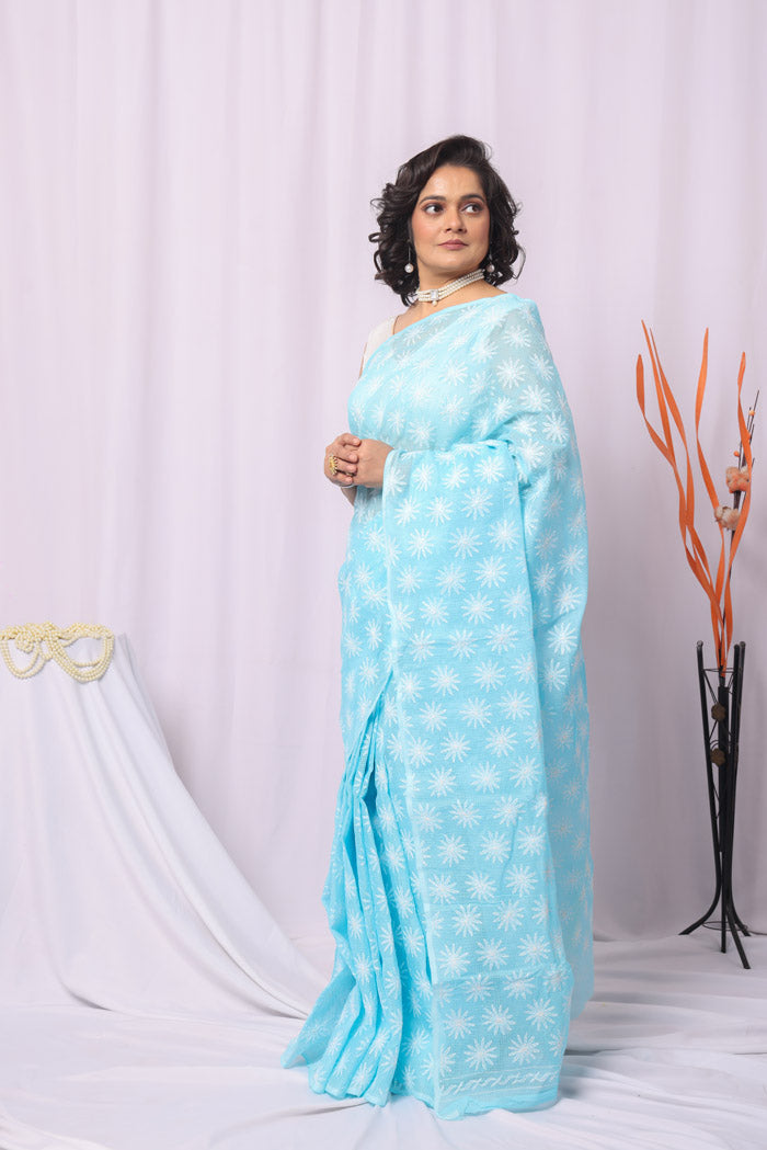 Fabnuma Handcrafted Sky Blue Kota Cotton Tepchi Chikankari Saree-Blouse