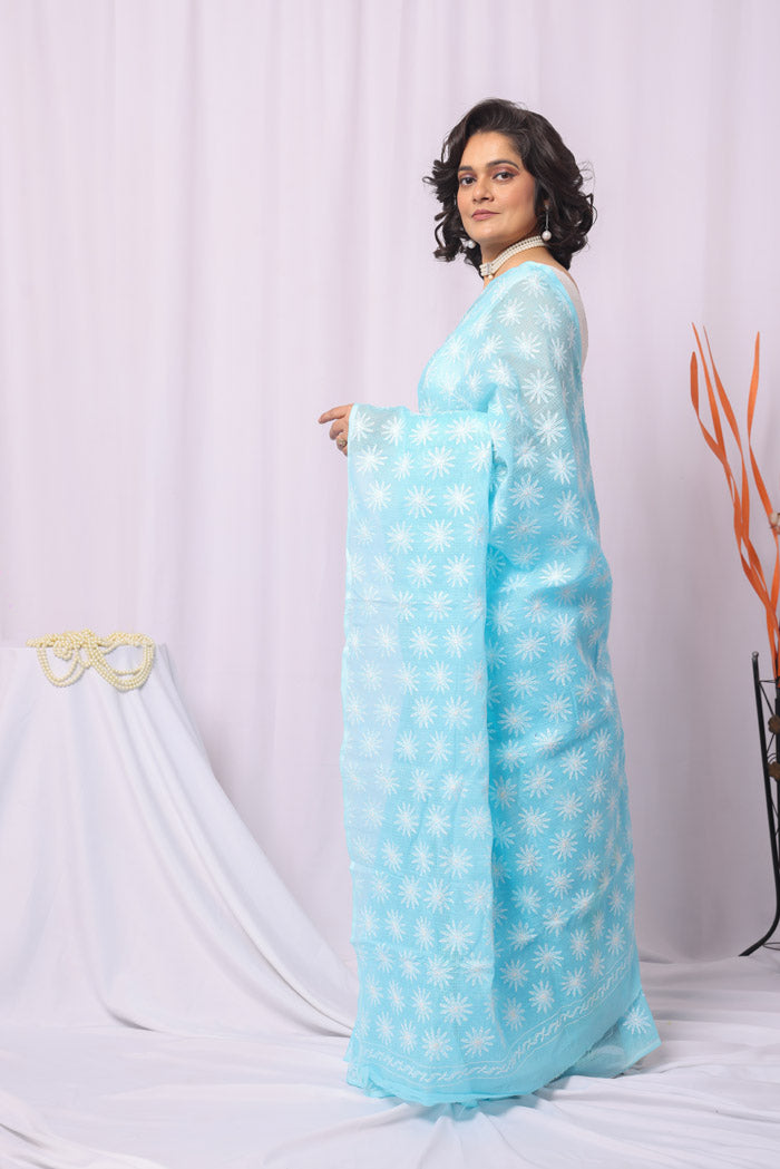 Fabnuma Handcrafted Sky Blue Kota Cotton Tepchi Chikankari Saree-Blouse