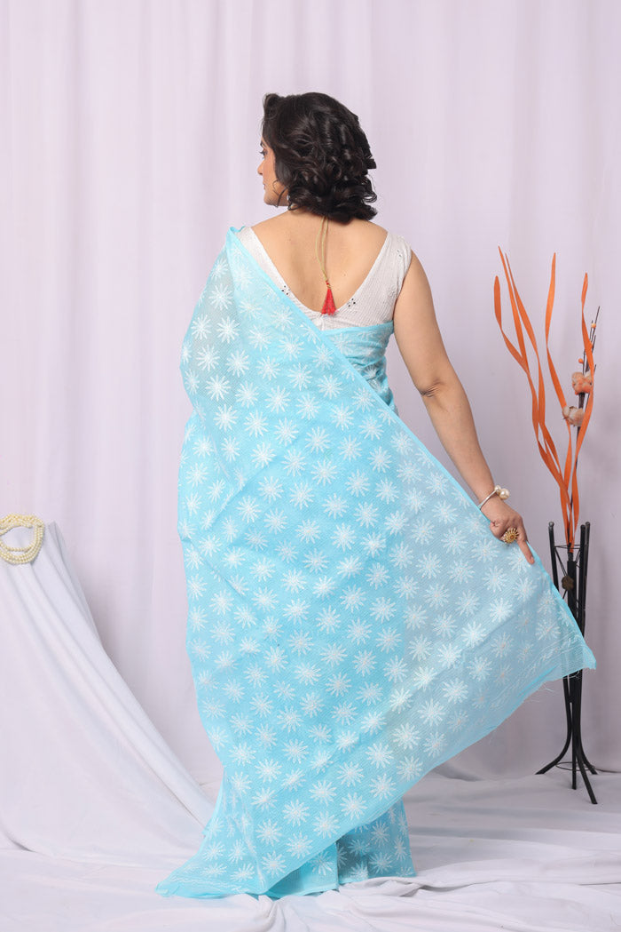 Fabnuma Handcrafted Sky Blue Kota Cotton Tepchi Chikankari Saree-Blouse